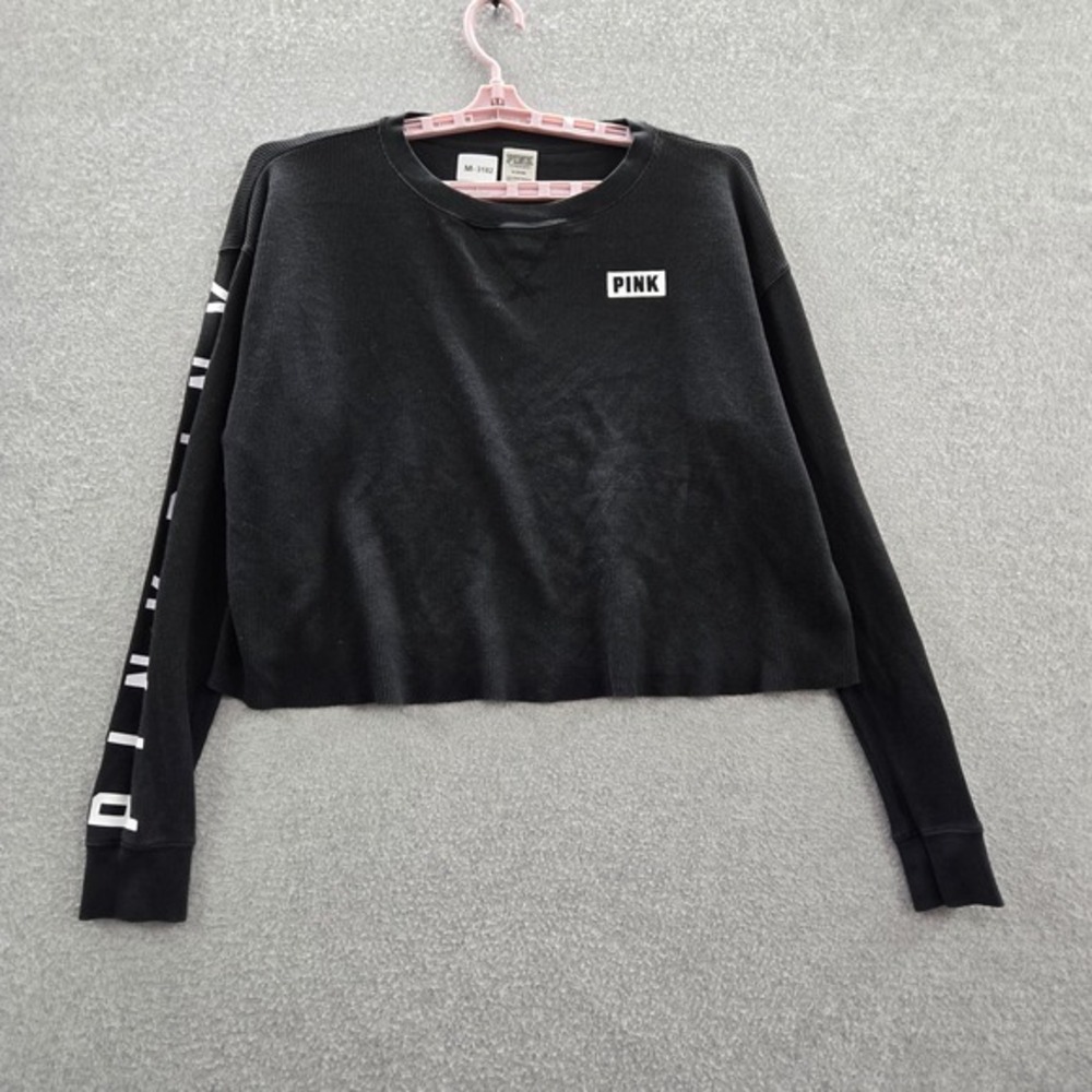 PINK Victoria's Secret Women Top M Black Waffle‎ Knit Logo Long Sleeve Cotton